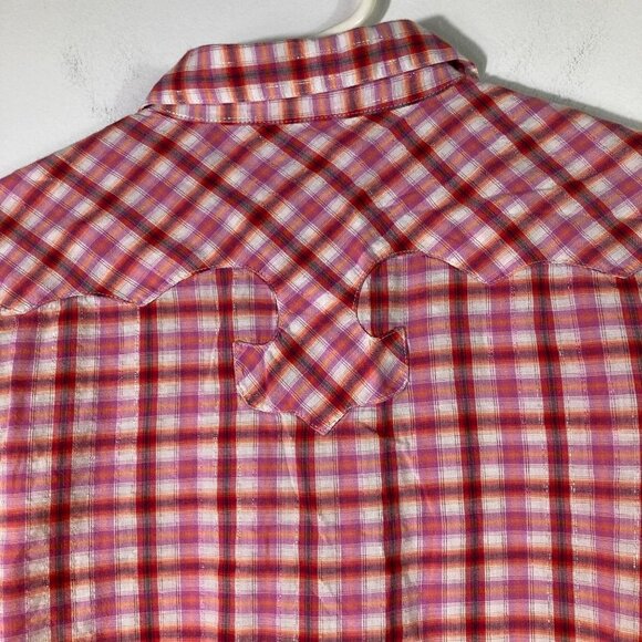 Womens Vintage Long Sleeve Western Pearl Snap Shirt M Pink Orange White - Picture 6 of 7